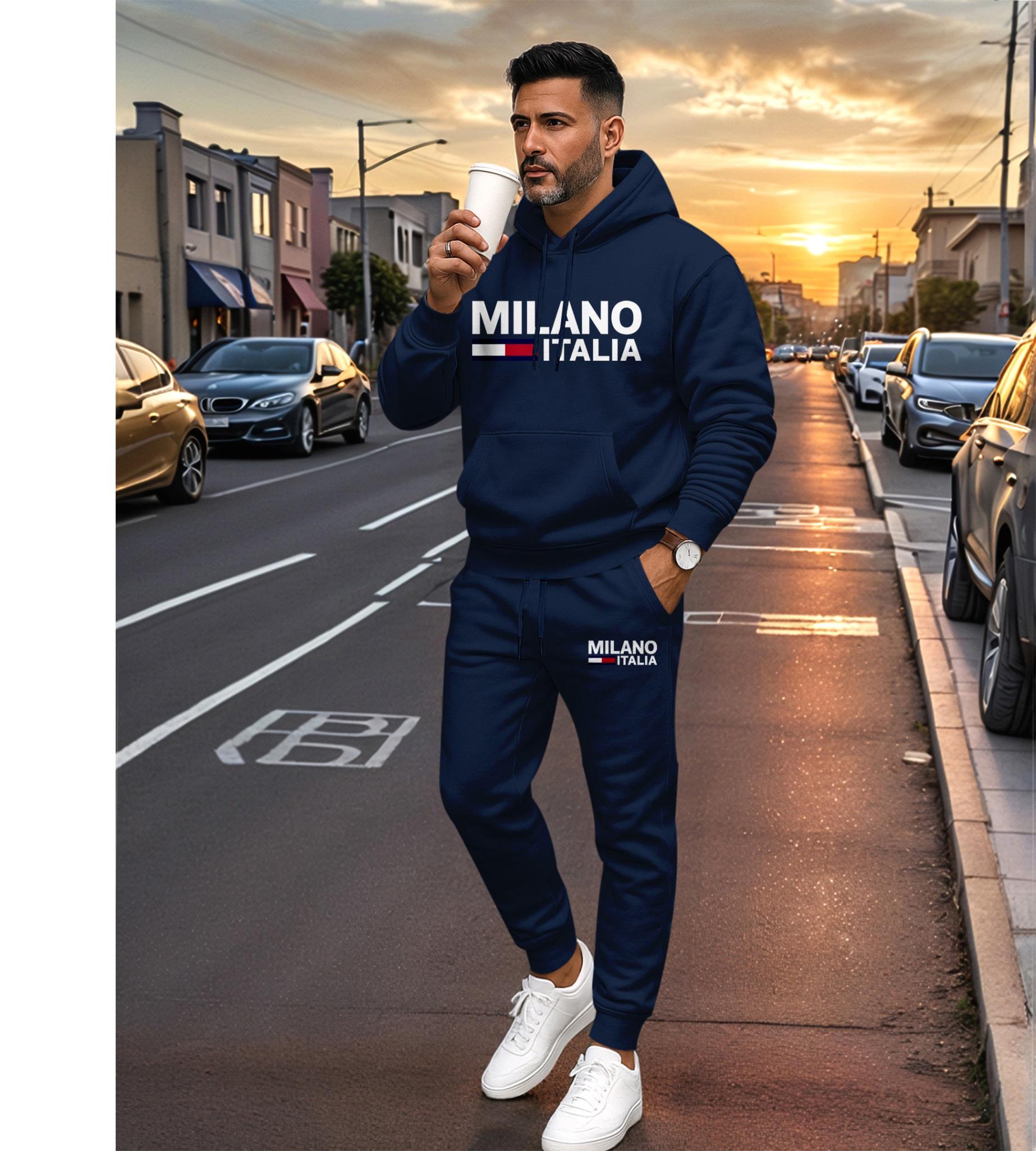 Men's MILANO Letter Pattern Print Hoodie and Drawstring Sweatpants Set, Menswear, Casual Athletic Long Sleeve Hooded Jacket & Trousers for Fall & Winter, Men's Clothing for Daily Wear, Sportswear Indoor Outdoor, Tracksuit, Athleisure