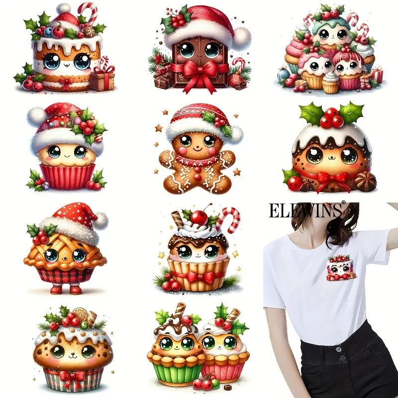 12 Cute Christmas Sweet Treat Iron Art Stickers, Gingerbread, Cupcakes, Candy Sticks, Lollipops Heat Transfer DIY Decorations, Multi-Color Vinyl Fabric Stickers