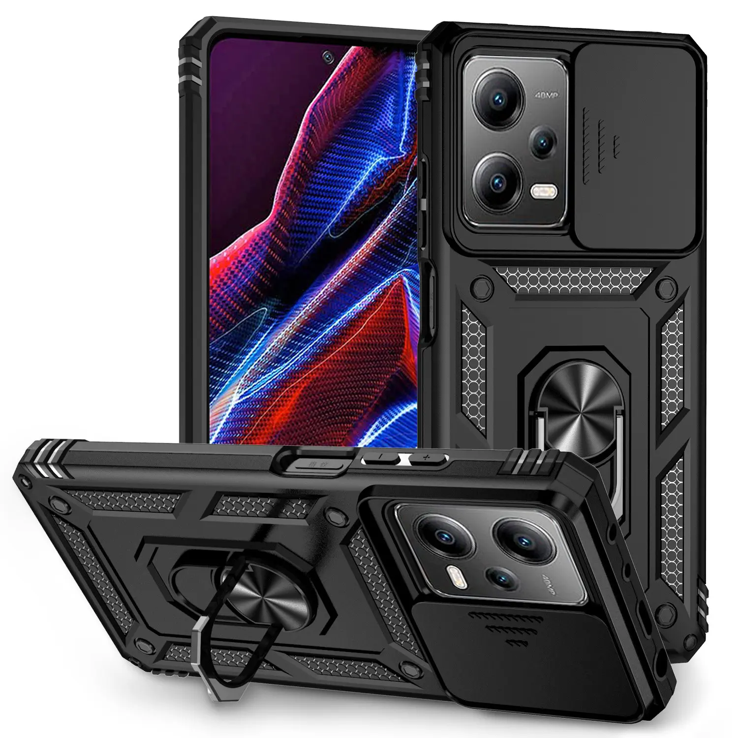 Phone Case for Xiaomi Redmi Note 12 Pro 5G/Xiaomi Redmi Note 12 Pro plus 5G, Waterproof Dustproof Non-Slip Ring, Slide Lens Protection, Solid Color Rotatable Phone Cover