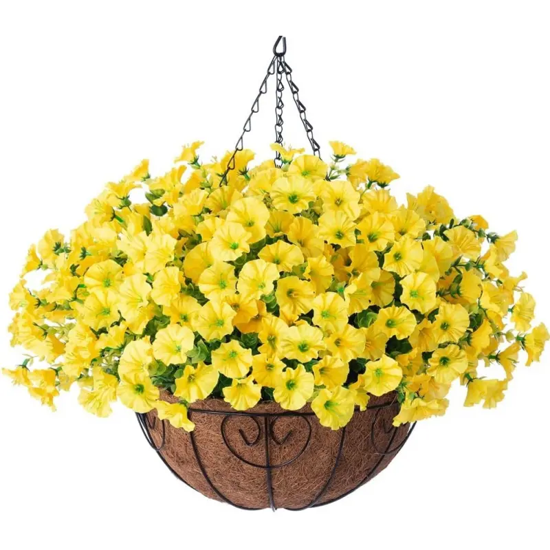 Yellow Hanging Basket with Morning Glory - Fade Resistant UV-Protected Artificial Silk Flowers for Spring to Fall Porch, Patio, Balcony & Garden Decor, No Watering, All-Weather