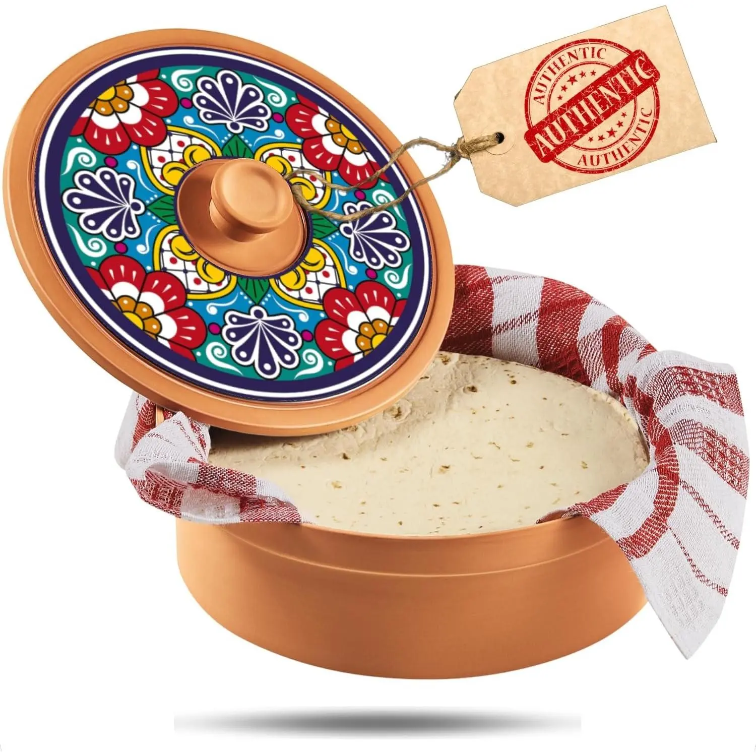 Authentic Terracotta Tortilla Warmer with Decorative Lid, Mexican Clay Tortillero with Warmer Cloth, Traditional Kitchen Accessories Storage Container