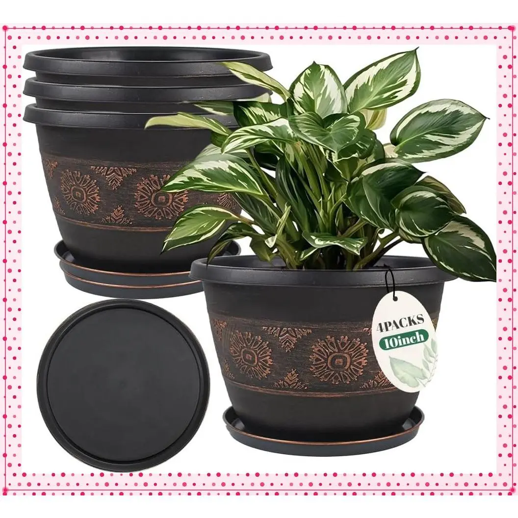 10 Inch Retro Plant Pots 4 Pack with Drainage and Saucers, Copper - Indoor/Outdoor Planter for Herbs Flowers Succulents, Patio Porch BalconyGift