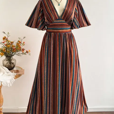 Women's Bohemian Style Vintage Striped V-Neck Belted Dress, Boho Style Clothes, Elegant Holiday & Summer Casual Wear, Stylish & Comfortable