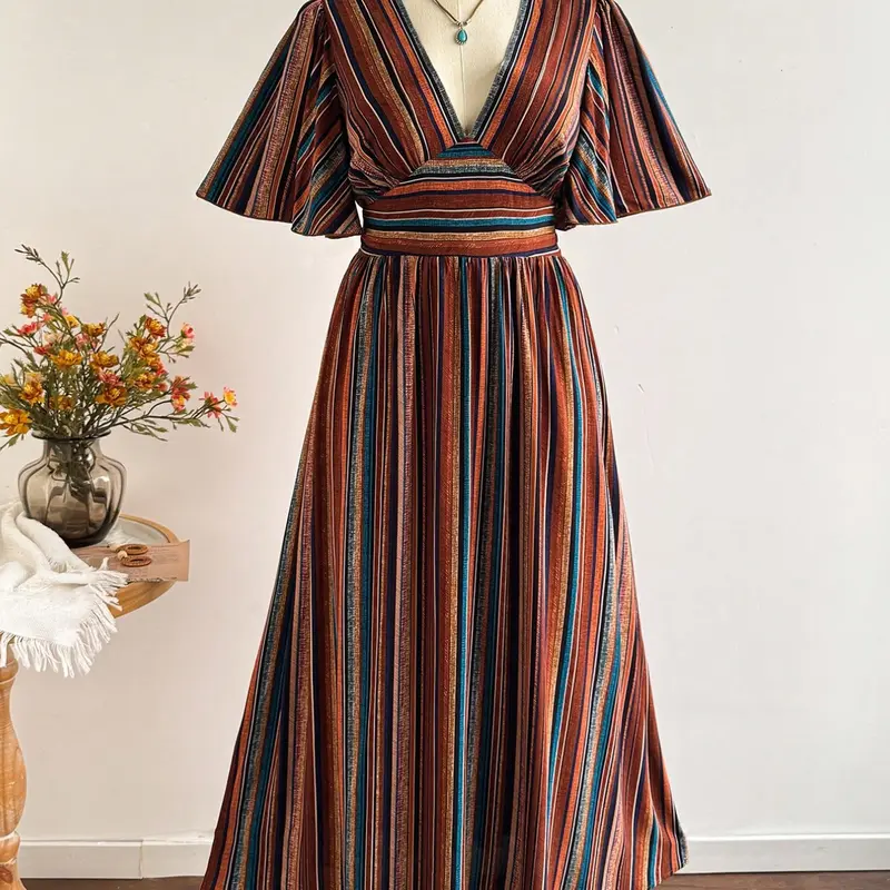 Women's Bohemian Style Vintage Striped V-Neck Belted Dress, Boho Style Clothes, Elegant Holiday & Summer Casual Wear, Stylish & Comfortable