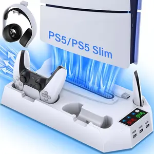 PS5/PS5 Slim/PS5 Pro Stand and Cooling Station with Dual Controller Charging Station for PlayStation 5 Console, PS5 Accessories Incl. Controller Charger, Cooling Fan, Headset Holder, 3 USB Hub, Black