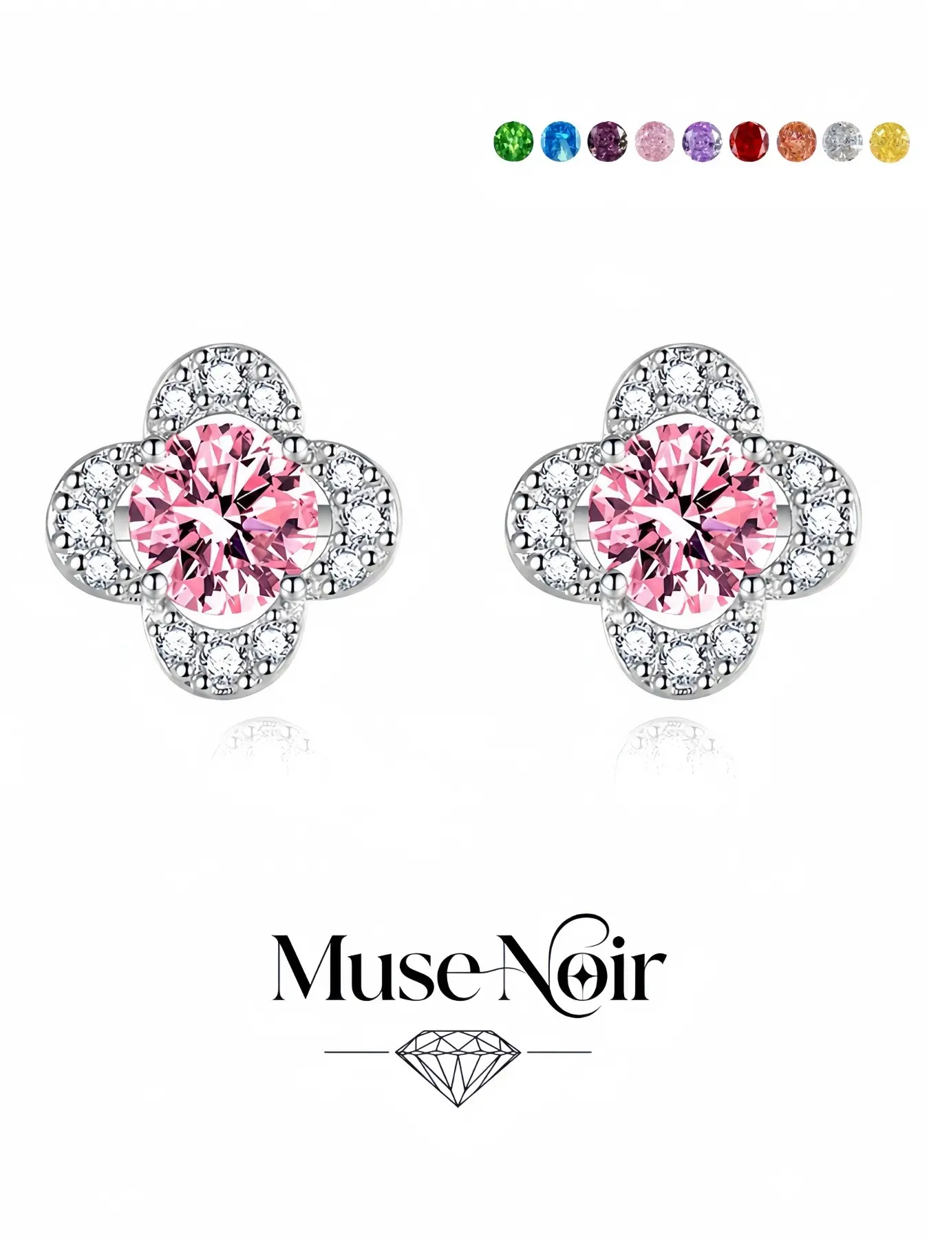 Four-Leaf Starburst Sparkling Stud Earrings – New trendy micro-pavé gemstone four-leaf clover studs with colored stones and pink diamond accents. Fashion Earrings