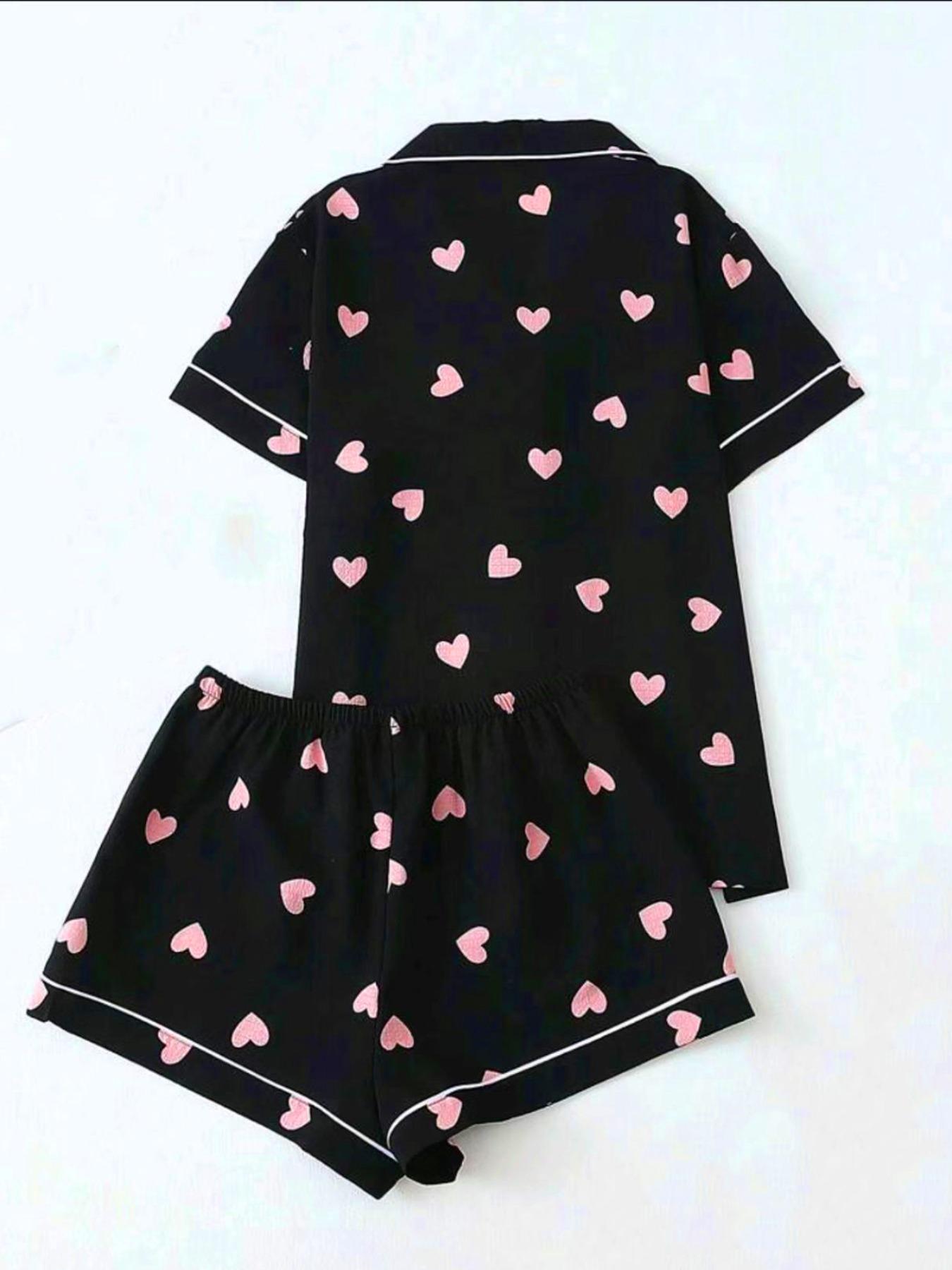 Women's Heart Print Short Sleeve Shirt & Elastic Waist Shorts Pyjama Two-piece Set, Casual Comfy Top & Shorts PJ Set, Ladies Sleepwear for All Seasons Pajamas Loungewear