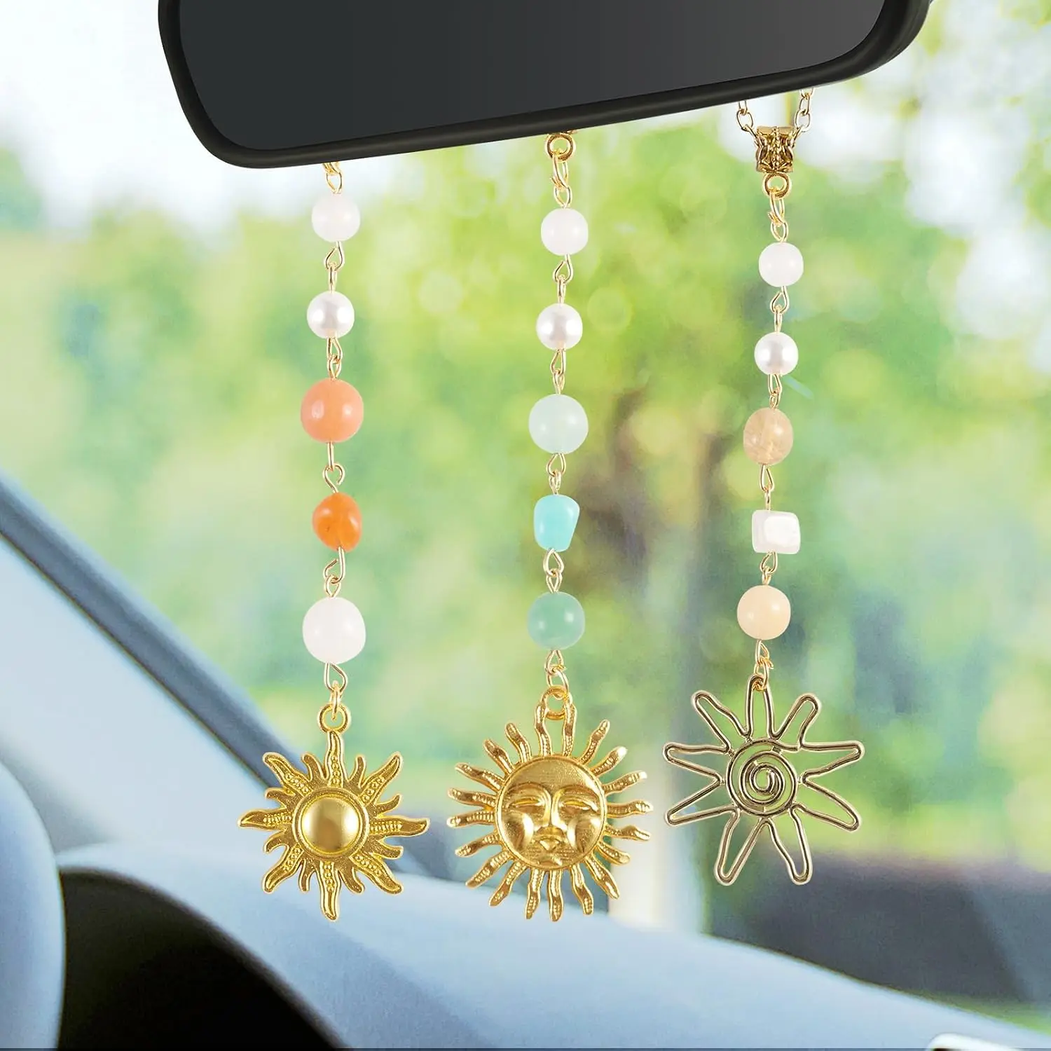 3 Pack Sun Rear View Mirror  Accessories,  Sun Charm with  , Boho  Charms,  Mirror Decor Cute Accessories for Women (Retro)