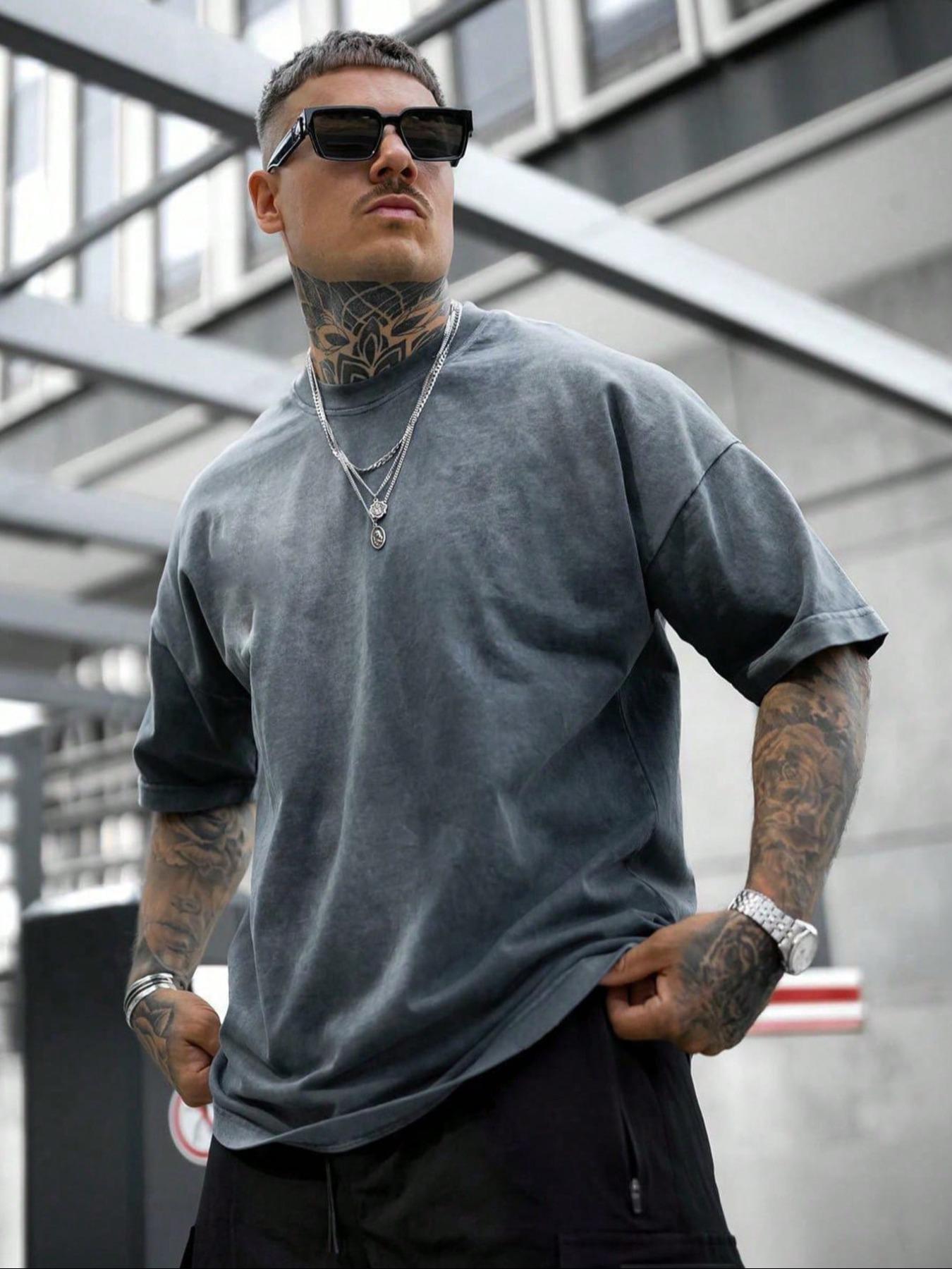 Men's Retro Style Washed Distressed Crew Neck Tee, Regular Fit Casual Comfy Short Sleeve Round Neck T-shirt for Fashion Men's Top, Menswear