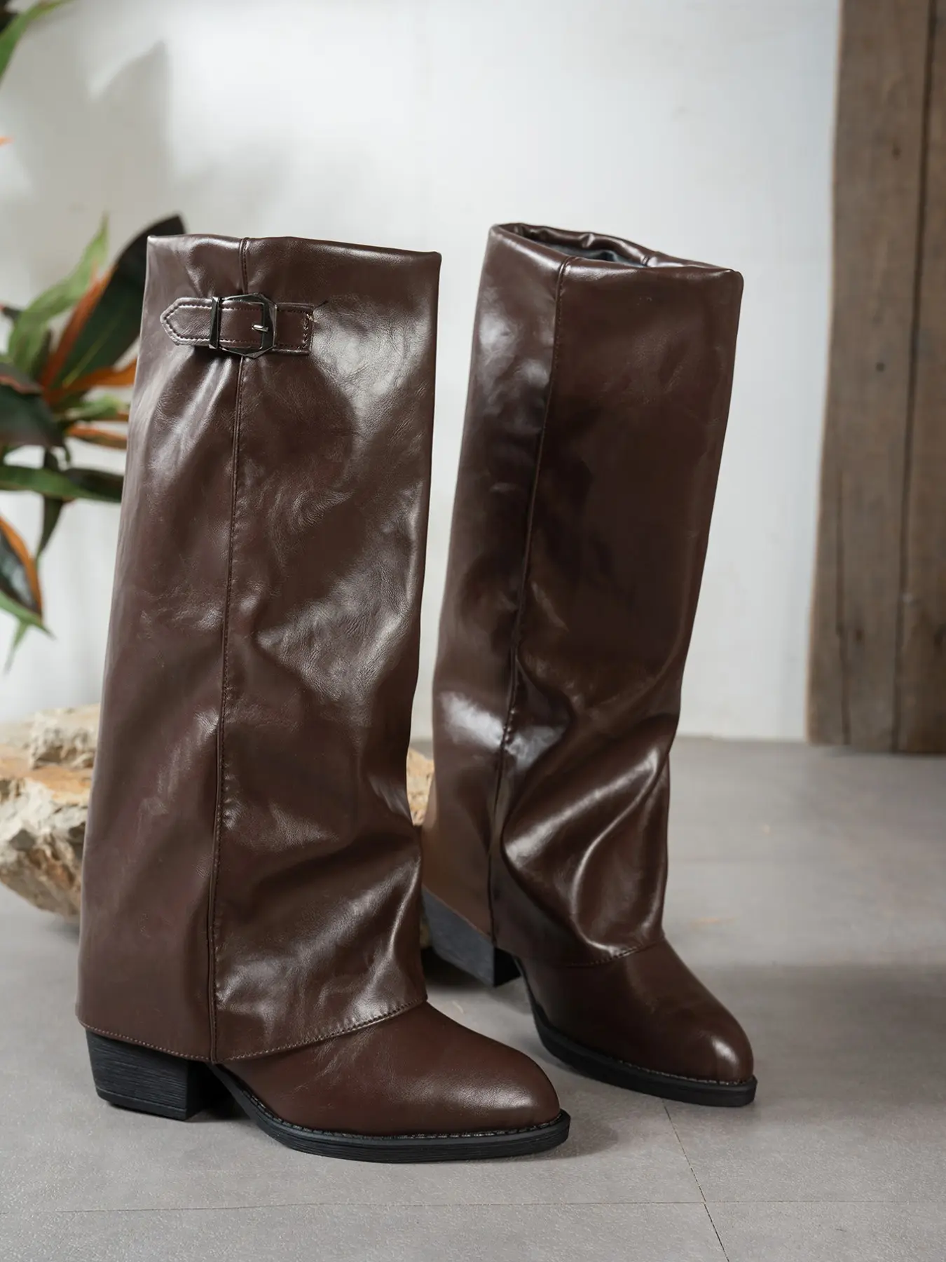 Trendy Fall Winter Wide Leg Above Ankle Boots, Adjustable Side Buckle, PU Leather, Chunky Heel, Western Style, Slimming High Top Women's Boots