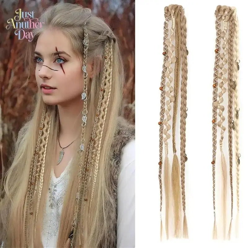 2 PCS Boho Braided Hair Extensions, Viking Desert Style Dreadlock Hair Pieces, Synthetic Twisted Braids With Metal Charms for Cosplay,sohochic