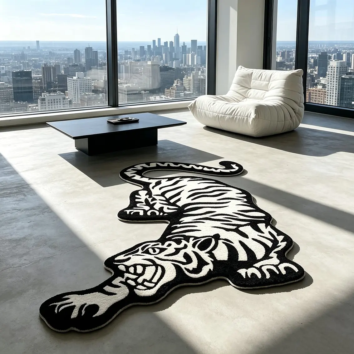 Black and white tiger art alien carpet, soft and sticky high-density plush material, urban viewing large flat decorative floor mat, high-end and extremely simple, trendy, niche atmosphere soft decoration, Home Decorative Rug