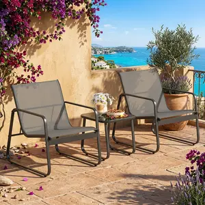 Grey 3 Pieces All Weather Patio Bistro Set, Stainless Steel Frame 2 Sofa-Style Textilene Chairs With Tempered Glass Top Side Table, Anti Rust Anti-Collision Outdoor Conversation Furniture For Backyard Pool Garden Lawn Camping Balcony