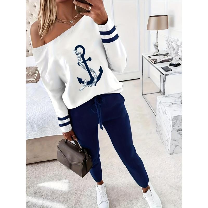 2 Piece Outfit Nope Not Today Print Skew Neck Long Sleeve Pullover Top with Stretchy Waist Long Pants Jogger Set