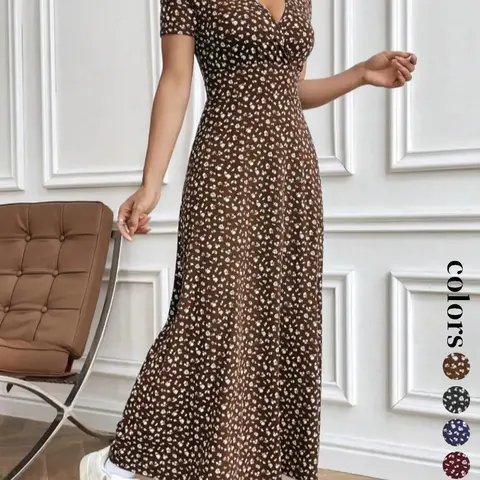Women's Ditsy Floral Print V Neck Dress, Elegant Casual Short Sleeve Dress for Holiday Vacation Daily Wear, Ladies Clothes for Summer, Floral Prints Dress