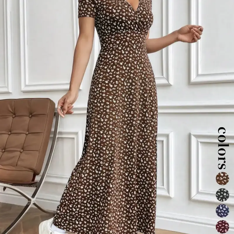 Women's Ditsy Floral Print V Neck Dress, Elegant Casual Short Sleeve Dress for Holiday Vacation Daily Wear, Ladies Clothes for Summer, Floral Prints Dress