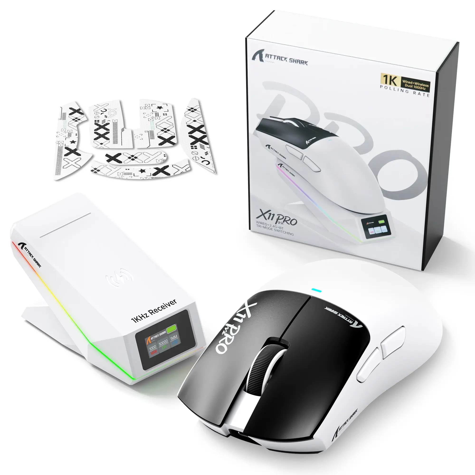ATTACK SHARK X11 PRO V2 Tri Mode Lightweight Wireless Gaming Mouse, PC Gaming Mice, RGB Magnetic Charging TFT Display Dock,30000DPI,1000Hz Polling,Wired/BT/2.4Ghz,500mAh Battery,PAW3315,100M Switches,Grip Tape