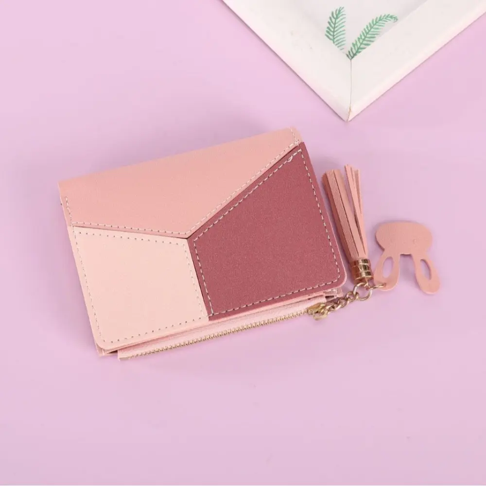 Tri Color Geometric Patchwork Bifold Wallet, Tassel Zipper Coin Pocket Soft Faux Leather Multi Slot Card Purse for Girls Women Daily Use
