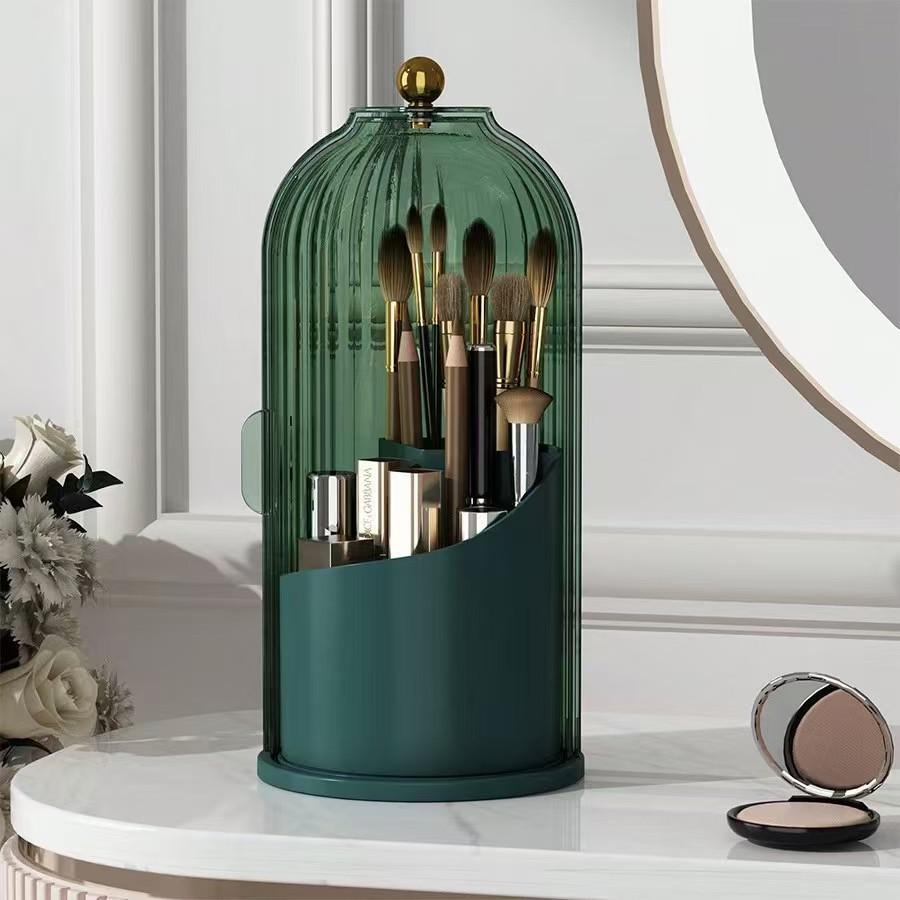 Classic 360-Degree Rotating Silicone Makeup Brush Holder with Transparent Lid, Cosmetic Storage Organiser for Vanity, Bathroom Desktop Countertop