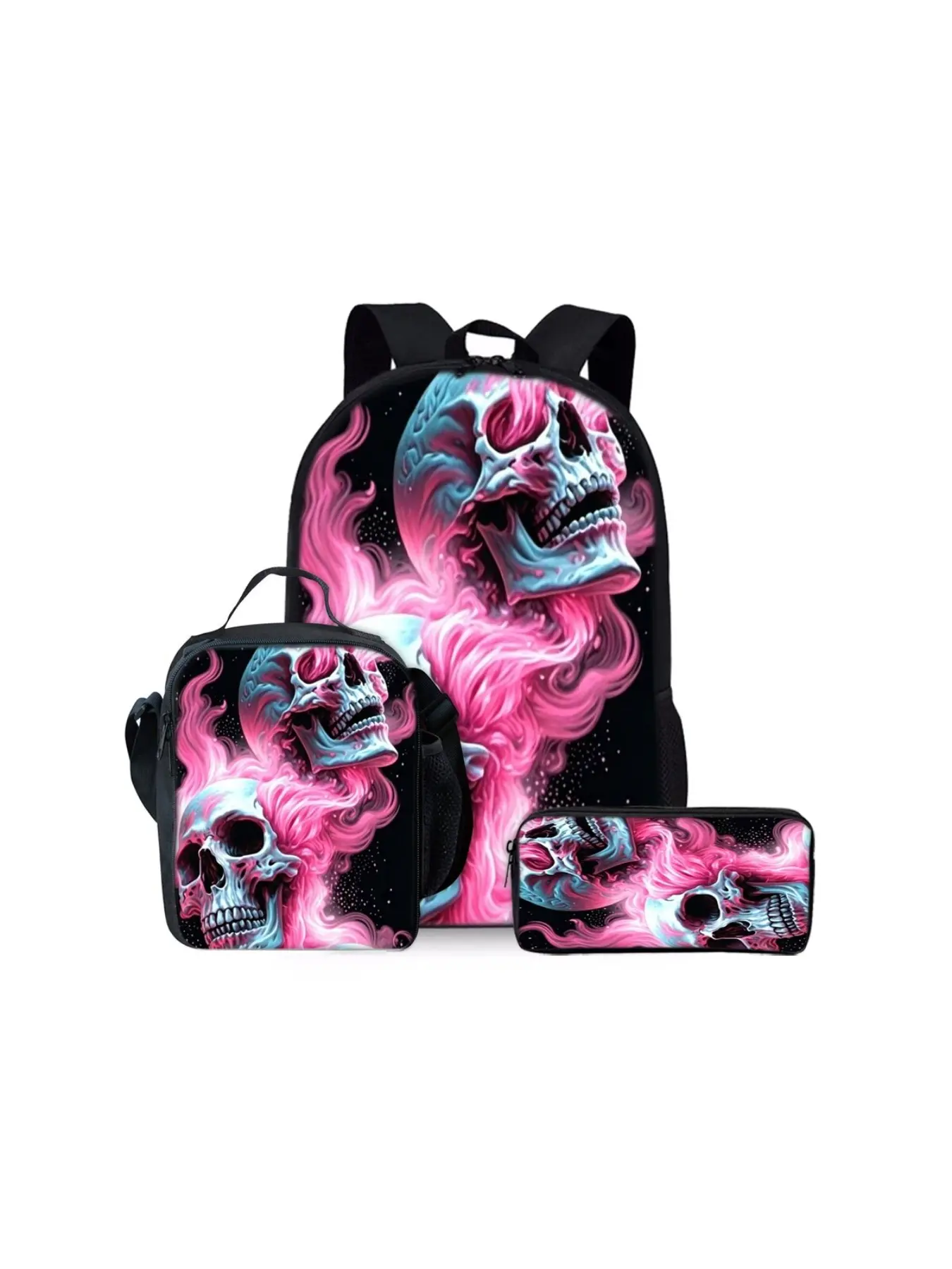 3-piece backpack set with 2D flat skull print, lightweight large-capacity bag set suitable for outdoor trips and daily school use. The set includes a backpack, a lunch bag and a pencil case, making it an ideal holiday gift for kids and friends.