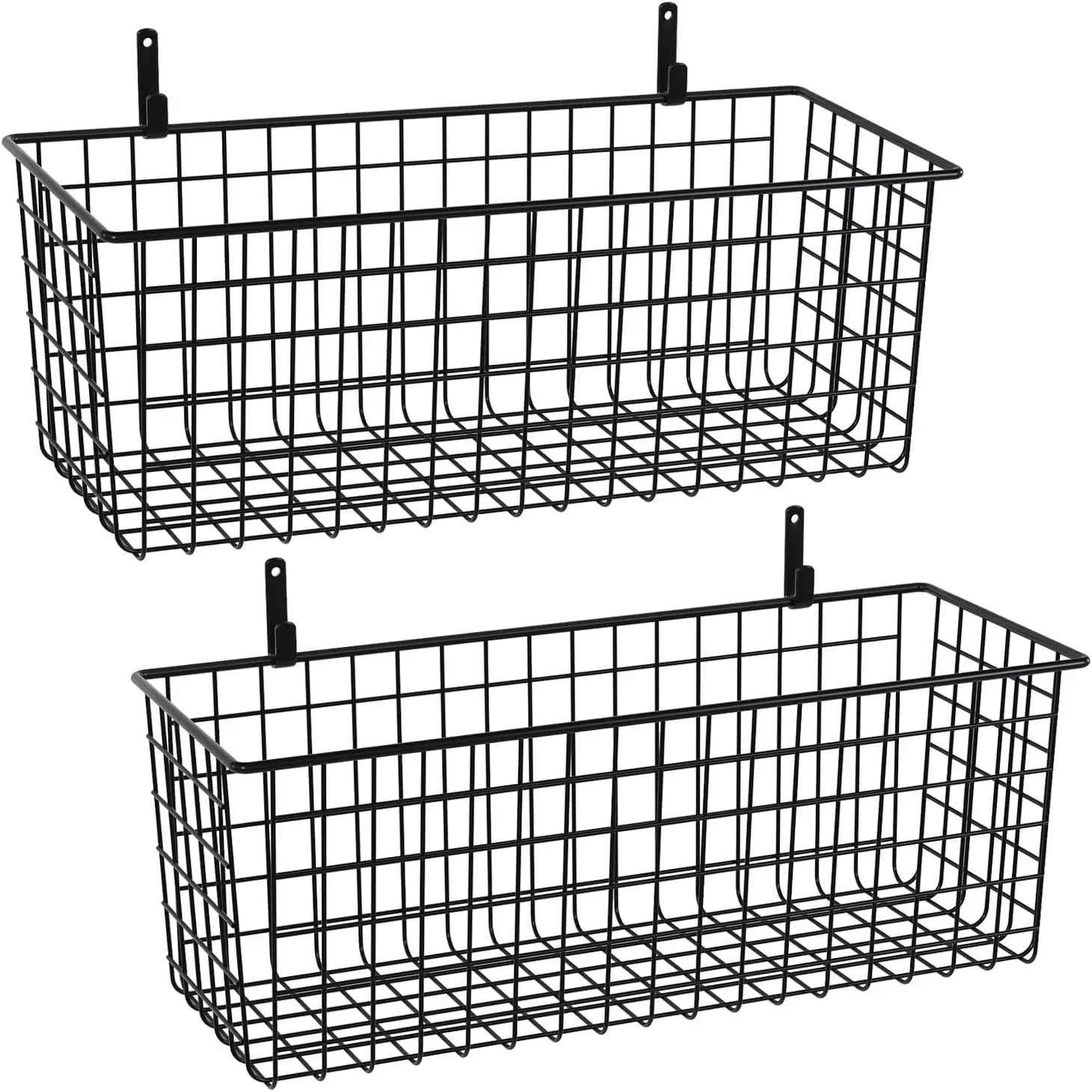 2 Sets Black Extra Large Hanging Wall Basket with Steel Hooks | Metal Wire Baskets for Organizing, Wallmounted Fruit Vegetable Toy Snack Storage, Home Kitchen Bathroom Laundry Pantry
