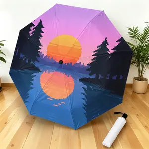 Automatic Folding Rain Umbrella, Sunset Palm Pattern, Lightweight Portable Travel Umbrella, 8-Rib Frame, Unisex, Halloween Christmas Gift