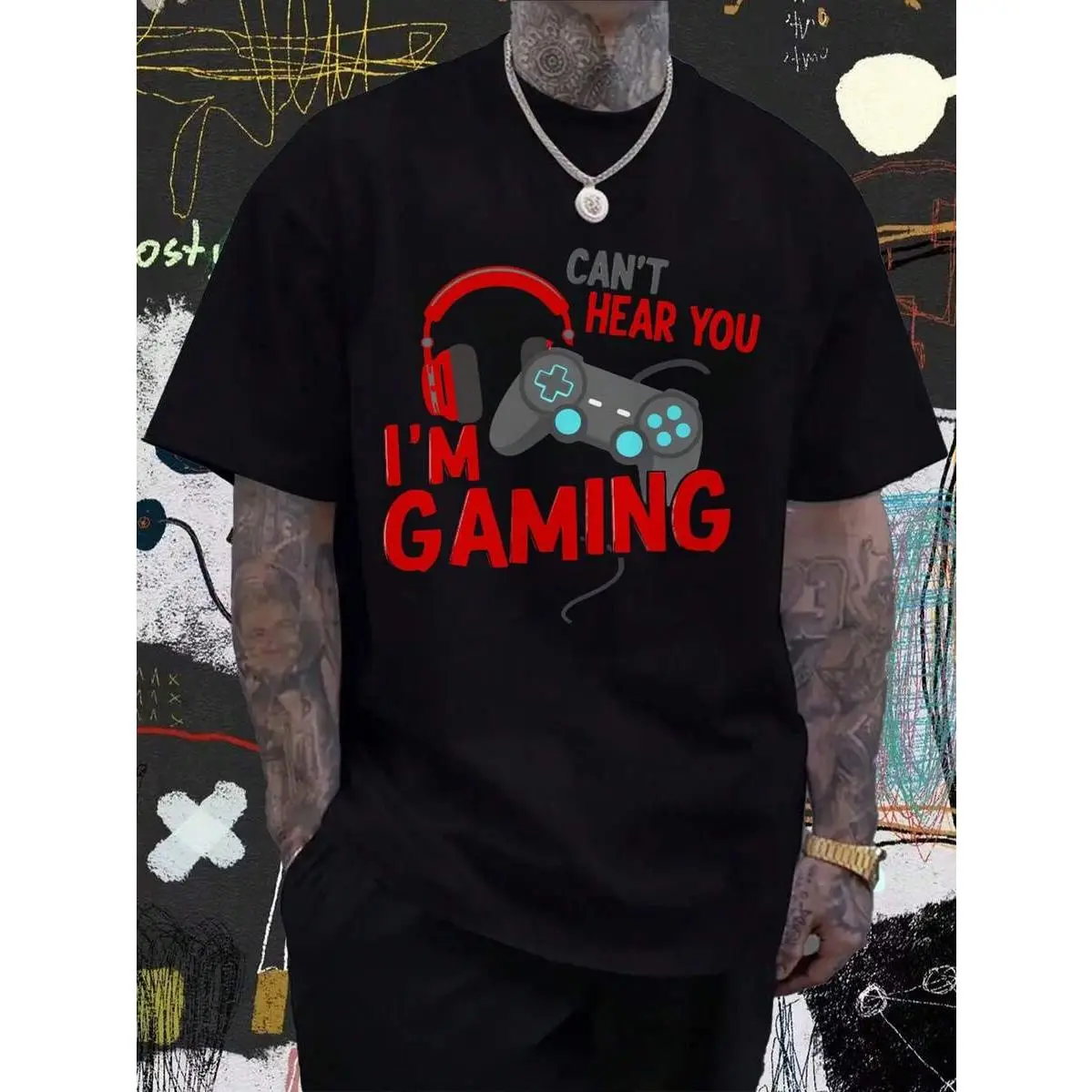 1pc Man' Gaming Controller Print Black TShirt Crew Neck Casual Cotton Tee Medium Stretch Knit Fabric Regular Fit For Boys Man Perfect For //