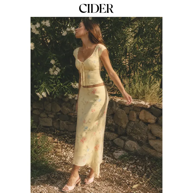Cider Mesh Floral Ruched Tie Front Top & Mid Rise Maxi Skirt Set