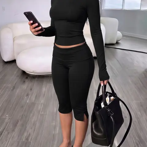 Minimalist European Style Women's Two-Piece Set, Round Neck Long Sleeve Crop Top with High-Waisted Split Capri Pants, Comfortable & Stylish Fit
