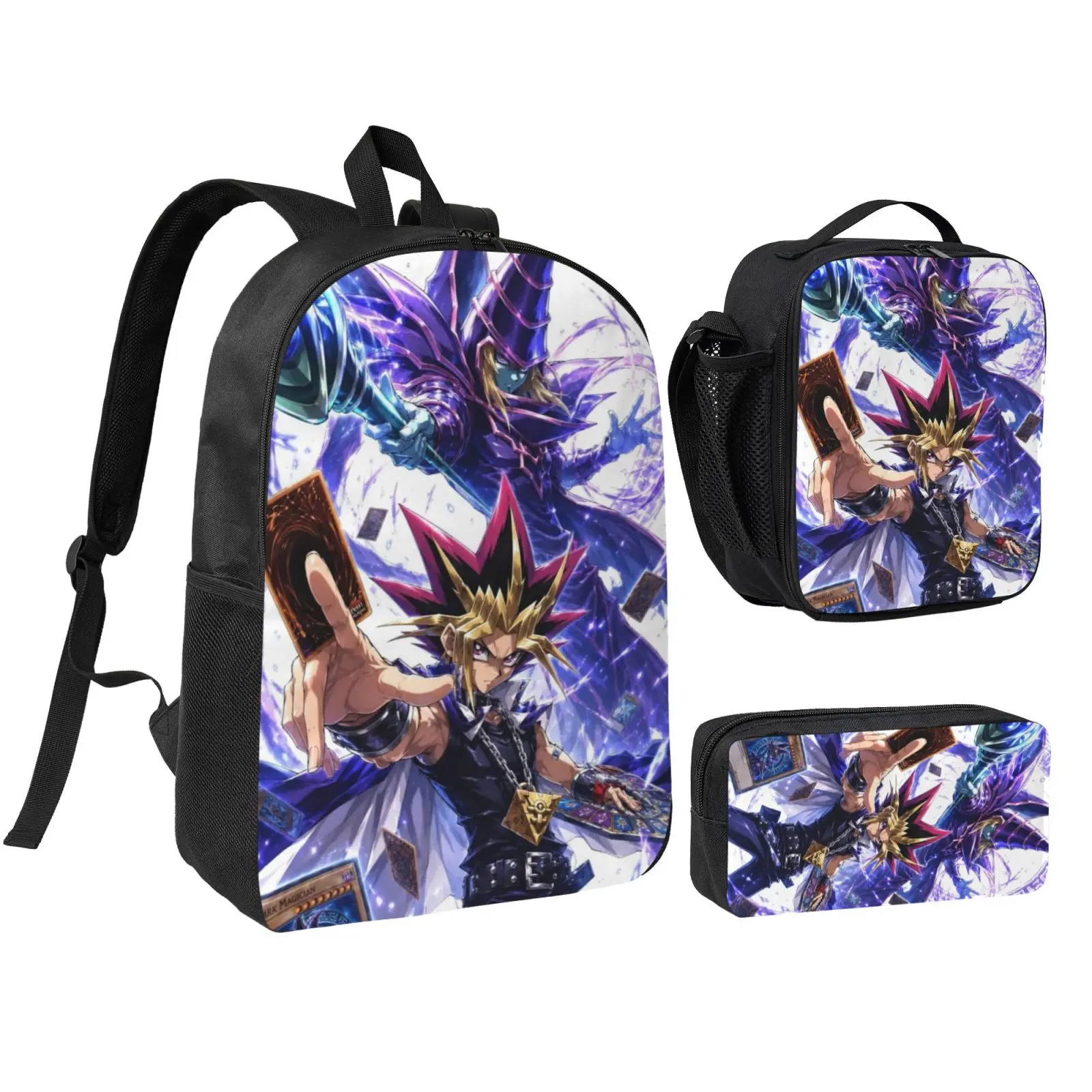 Anime Yugioh4 Kids 3Pcs Multipurpose Teen Backpack Set with Adjustable Shoulder Straps, School Bookbag, Insulated Lunch Box & Pencil Bag for Boys Girls Daily School Travel Office