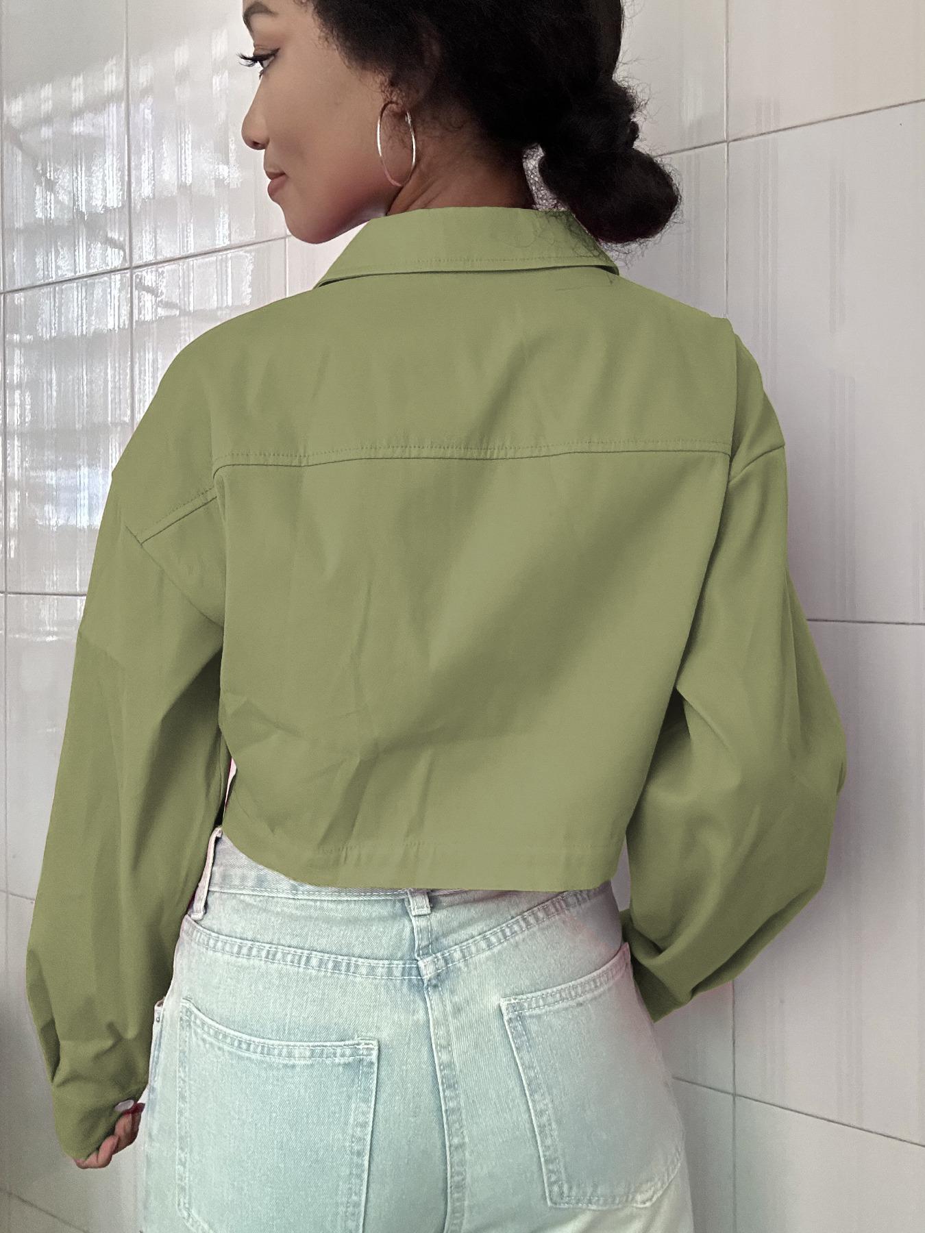 Women's Solid Button Front Drop Shoulder Crop Jacket, Casual Long Sleeve Collared Coat for Fall & Winter, Ladies Clothes for Daily Wear,Jackie's ExclusivePick, LimitedAvailability on Live