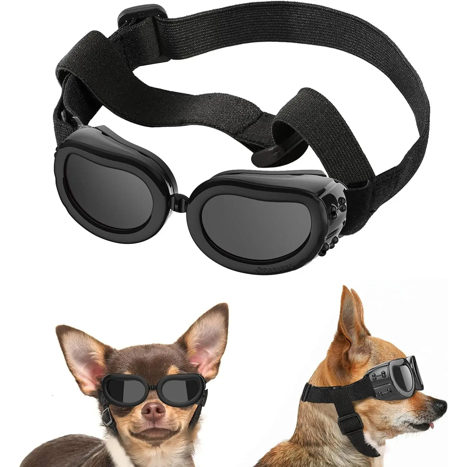 Small Breed Dog Sunglasses - UV Protection Goggles with Adjustable Strap, Windproof, Anti-Fog HD, Glare Reduction Eyewear (Black)