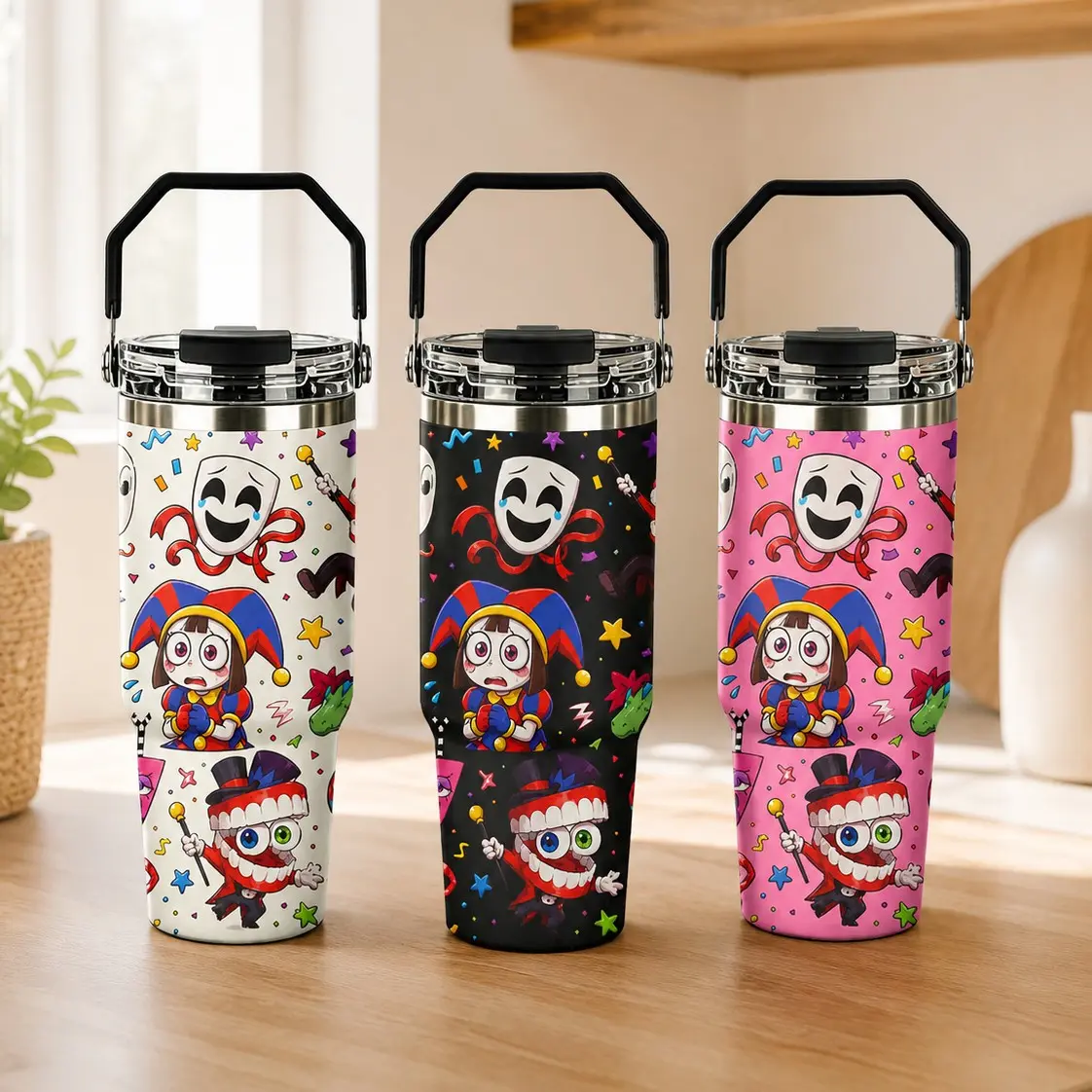 1PC 30oz The Amazing Digital Circus Pomni & Caine Insulated Tumbler, Slim Stainless Steel Travel Mug with Lid & Carry Handle, Keeps Hot 12H/Cold 24H, Large Capacity Cup for Men and Women