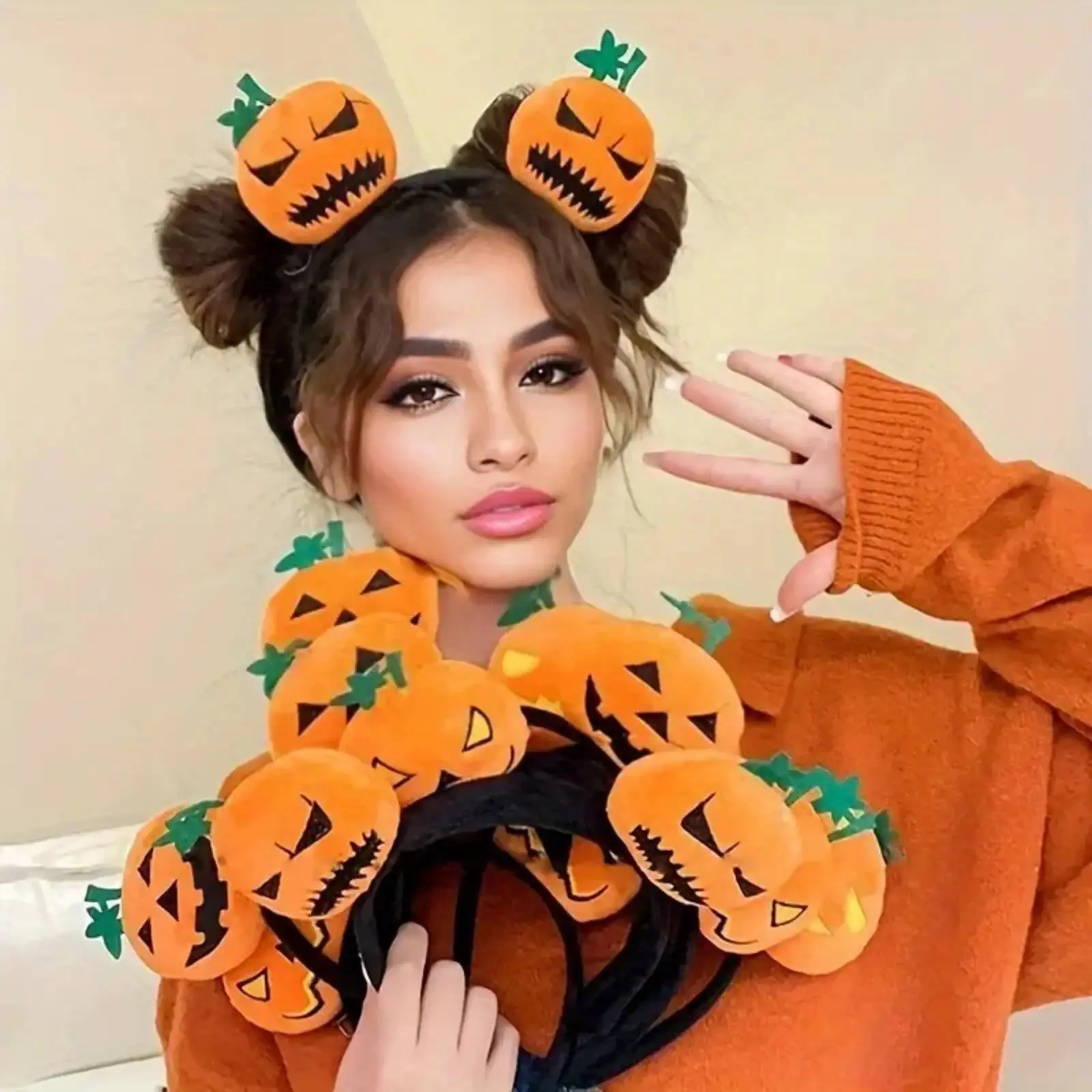 4PCS Halloween Pumpkin Headbands for Women, Cute Orange Fuzzy Pumpkin Hair Accessories, Soft Lightweight Costume Headwear Set for Halloween Party, Cosplay, Photo Props, Trick or Treat and Fall Festival
