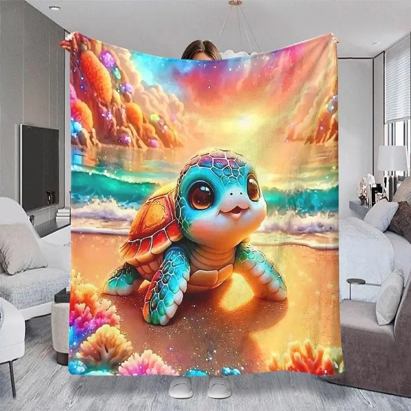 2D Flat Printed (Non-3D) Colorful Whimsical Sea Turtle Beach Sunset Print Throw Blanket, Multiple Specifications Available, Cozy Soft Small Nap Blanket for Couch, Office Rest, Bedroom & Daily Casual Use
