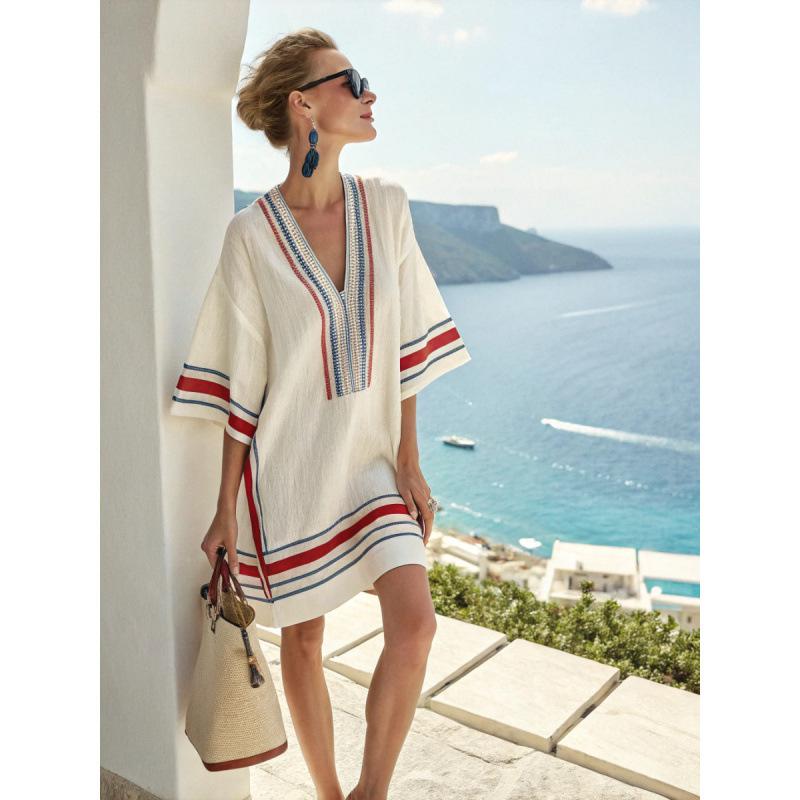 2026 New Hot-Selling Beach Vacation Style V-Neck Bohemian Printed Loose Beach Dress Vacation Style