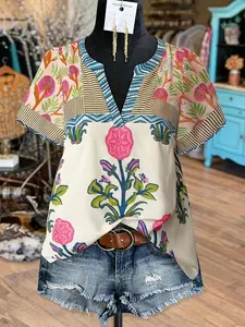 Plus Size Women's Floral Patchwork Short-Sleeve V-Neck Blouse Shirts, Loose-Fit Boho Top for Summer Daily Wear