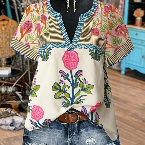 Plus Size Women's Bohemian Floral Patchwork Short-Sleeve V-Neck Blouse, Loose-Fit Boho Top for Summer Daily Wear
