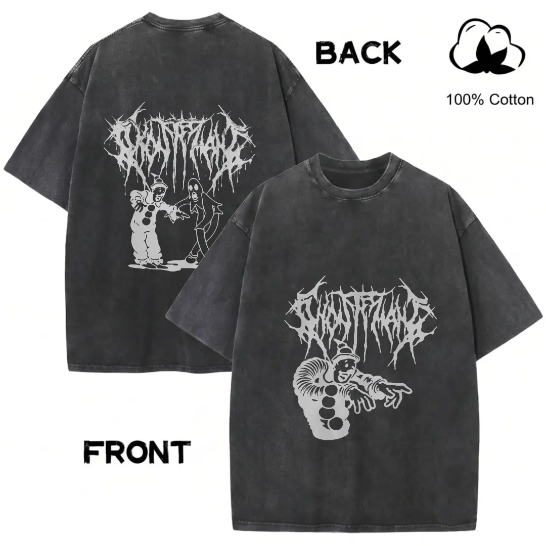 Vintage Washed Black Ghostemane T Shirt Double-Sided Print Clown Ghost Graphic Tee 100% Cotton Oversized Gothic Metal Punk Streetwear Unisex Summer Tops