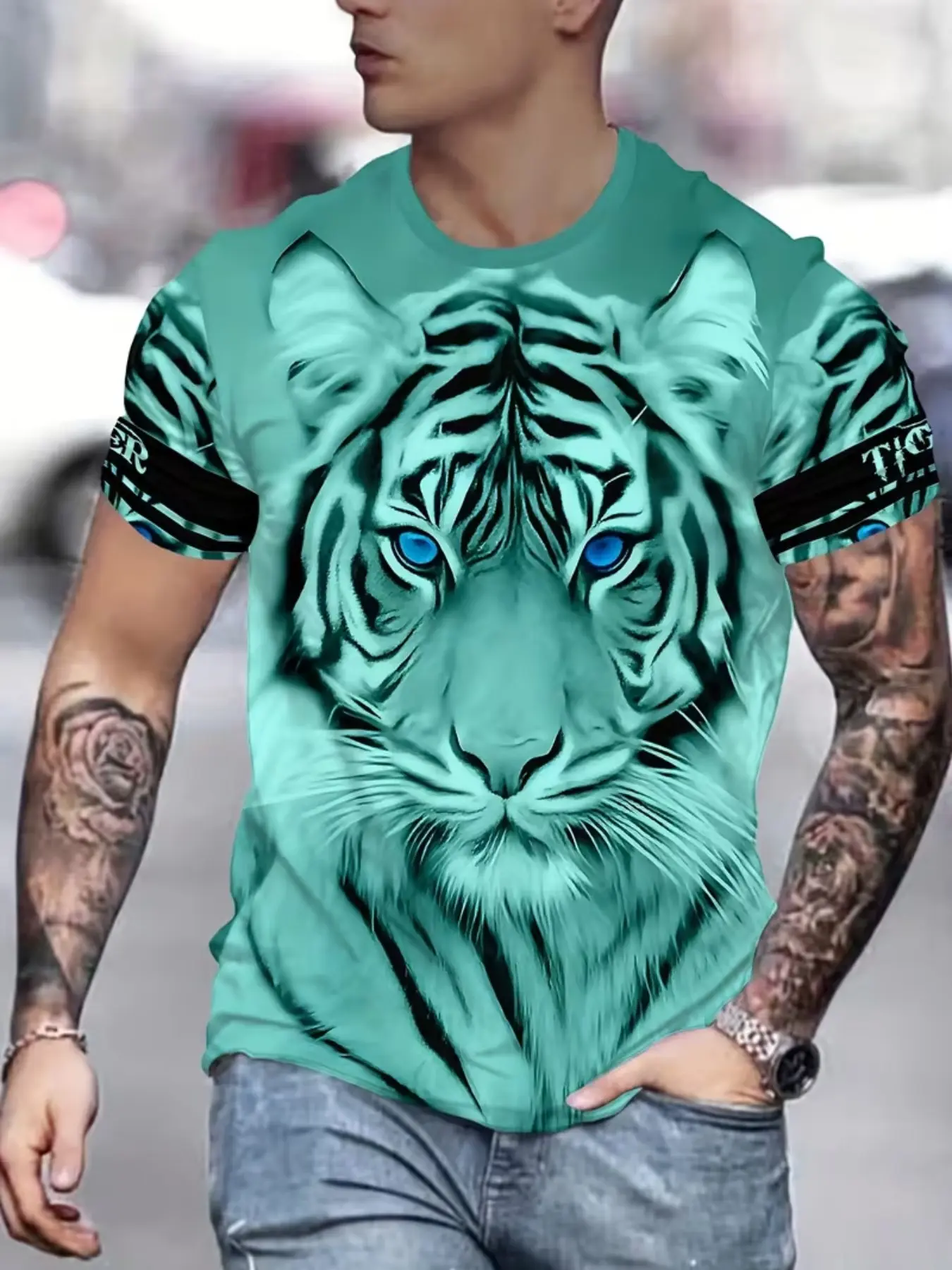 Men's Streetwear 3D Short Sleeve T-Shirt, Casual Slim-Fitting All-Over Print Tee, Unlined Without Collar, Plain Surface, Made in China