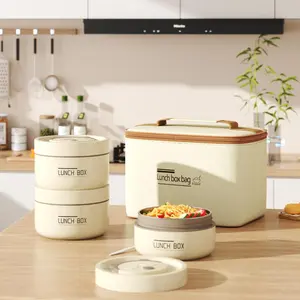 4 Pcs Insulated Bento Box Portable Stainless Steel Food Container Round Microwave Safe Stackable Leakproof Thermal Food Container for Adult Men Women with Insulated Bag(Beige)