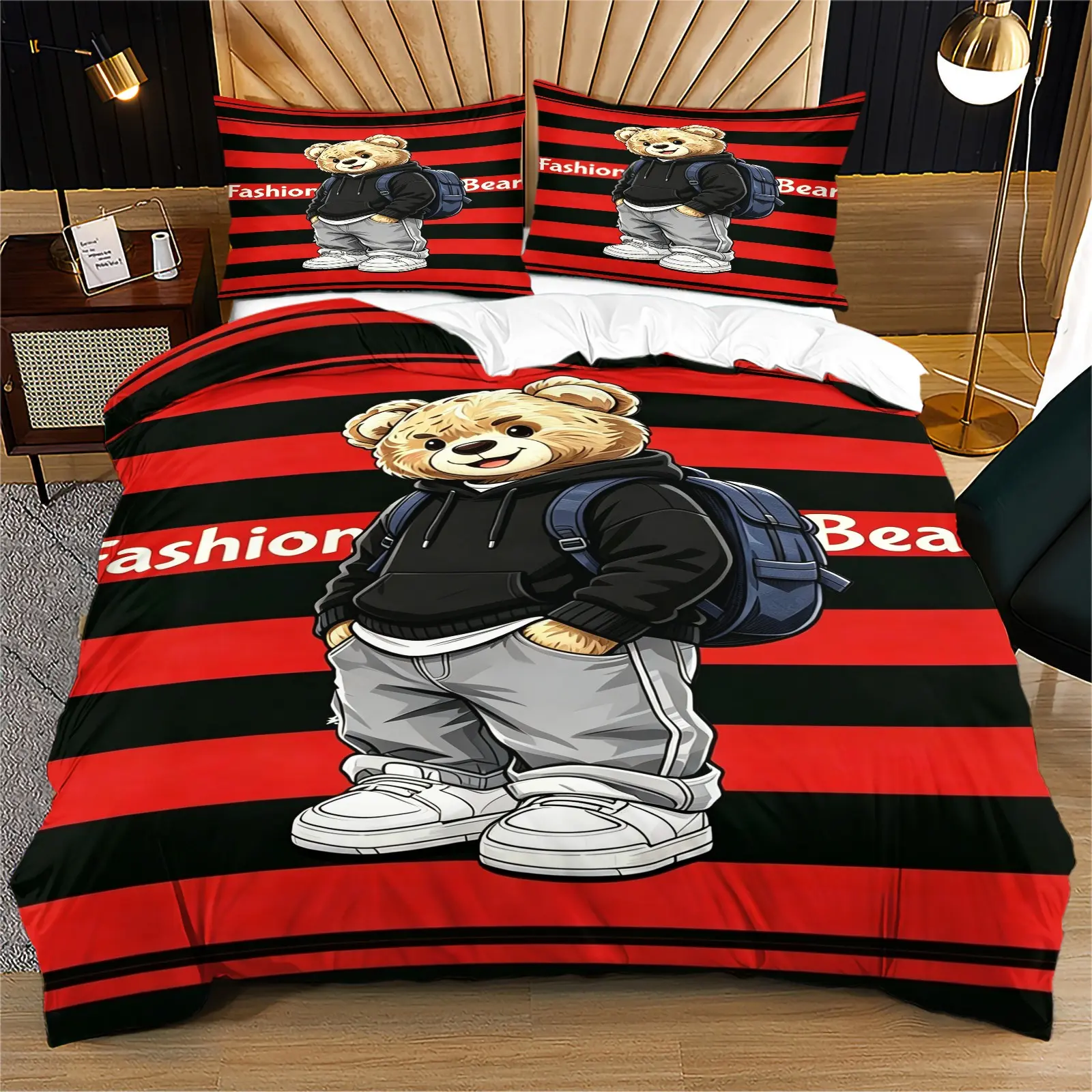 Fashionable Bear Print Soft and Durable Bedding Set, Includes 1 Duvet Cover and 1 or 2 Pillowcases, Excluding Duvet and Pillow Inserts, Perfect for Children or Adult Gifts, Modern Style Trendy Bedroom Bed Decor, Washable Bedding Supplies