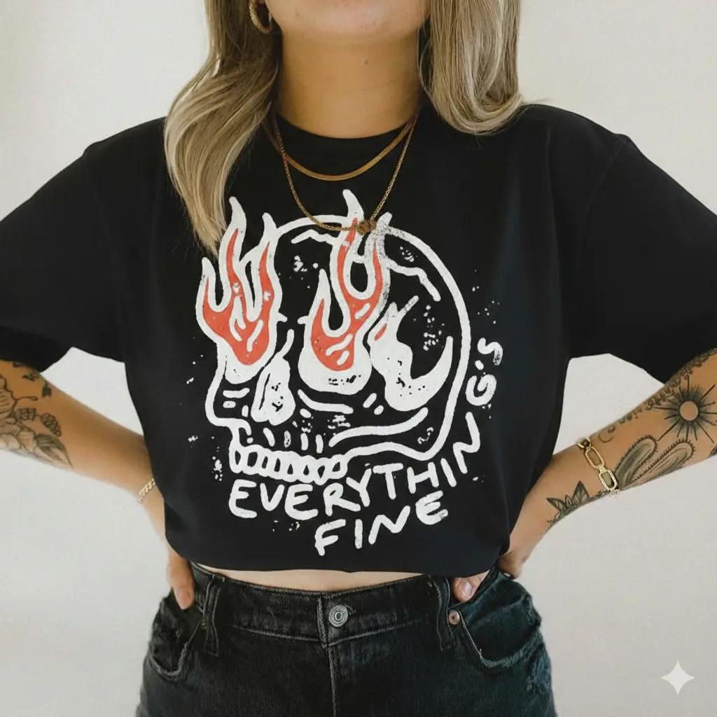 Comfort Colors Everything Is Fine Shirt Skull Tee Boho Vintage Tee Trendy Graphic Tee Skull Rebel Rock n Roll Grunge Edgy Outfit Boho Hippie