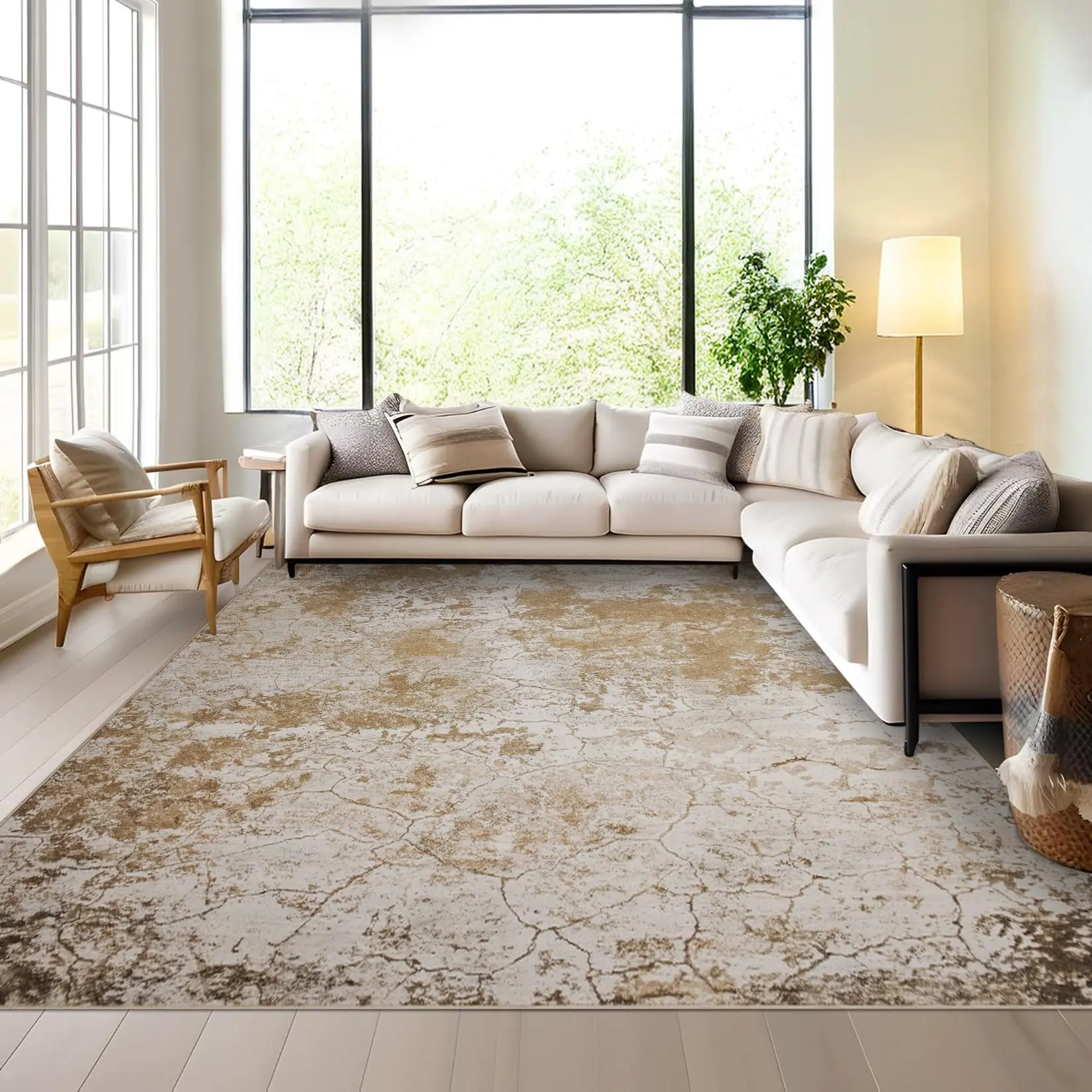 GARVEE Living Room Area Rugs - 6x9 Washable Modern Abstract Large Soft Indoor Rug Neutral Modern Low Pile Carpet for Bedroom Dining Room Apartment Camel