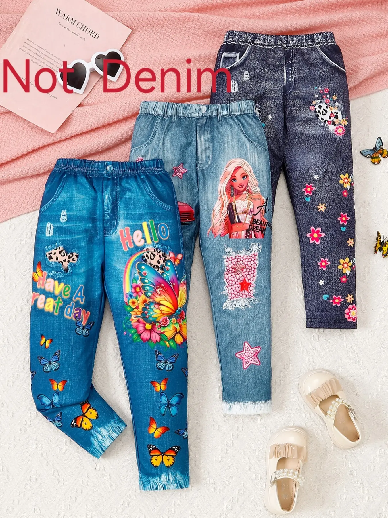 Girls' 3-Pack Stretchy Denim-Look Pants, Butterfly, Cartoon Girls, Cars & Floral Prints, Easy Pull-On Waistband, Great for Outdoor Bike Riding Adventures Activity, Perfect Princess Gift