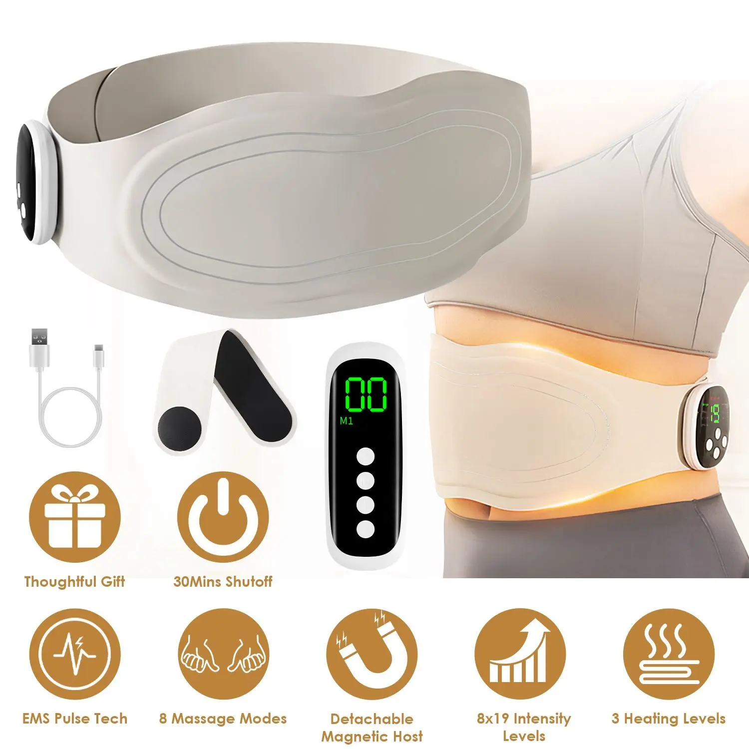 Portable Cordless EMS Heating Pad Massager with Long Belt, Waist-Fit Design - 8 Customizable Modes, 19 Intensity Levels, 3 Heating Settings, Magnetic Detachable Host - Ideal for Back Relief, Recovery (Perfect Gift Option), Unisex