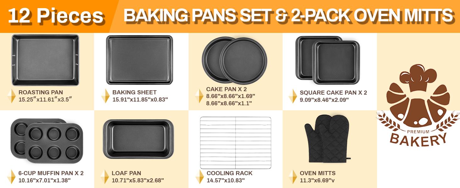 12PCS Nonstick Bakeware Set, Non-Toxic Carbon Steel Baking Pans Set with Wider Grip, Includes Roasting Pan, Cookie Sheet, Cake Pans, Muffin Pans, Cooling Rack, Oven Mitts, Easy Release