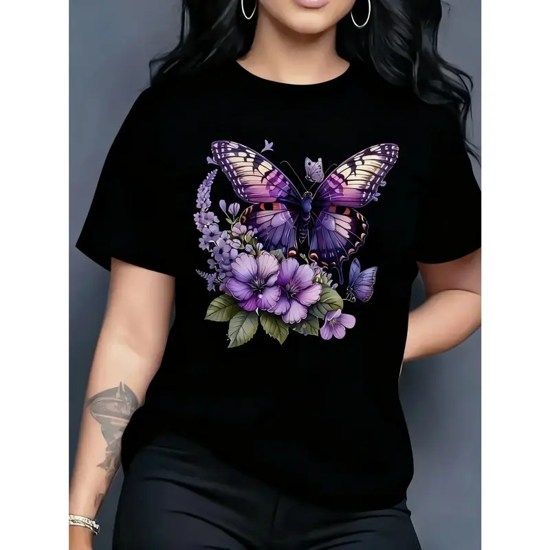 Women's Graphic Cotton Tshirt with a Lilac Floral Butterfly Print - Seamless Round Neck Classic Fit for All-Season Wear, Women's Tops, Shortsleeve, Casual