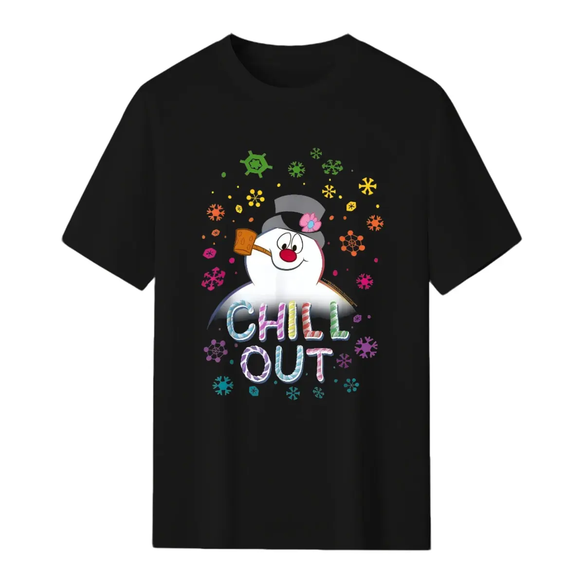 Women'S Black Frosty The Snowman Chill Out Portrait T-Shirt - Vintage Snowman Graphic With 'CHILL OUT' Text - Soft Breathable Summer Tee - Machine Washable Casual Top For Christmas Parties & Everyday