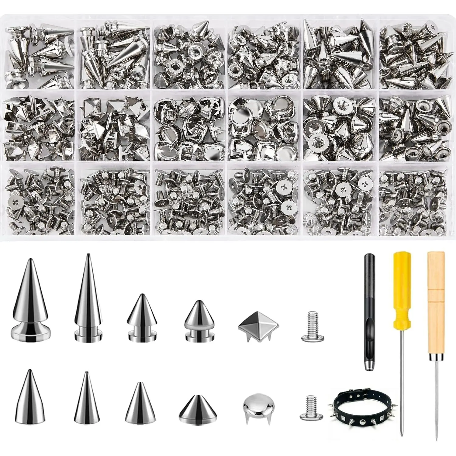 455PCS Punk Spikes and Studs Kit for Clothing, 12 Sizes Premium Metal Cone Spikes, Square Pyramid Studs & Round Dome Rivets for Leathercraft and Punk Style DIY Craft Decoration